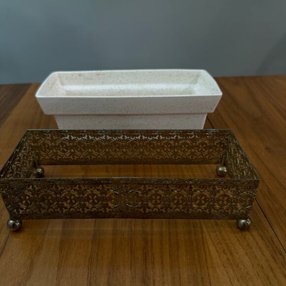 Planter Inc USA 1994 Rectangle Brass Stand 9 x 4 x 3.5 Speckled Pottery Vintage - Picture 7 of 16